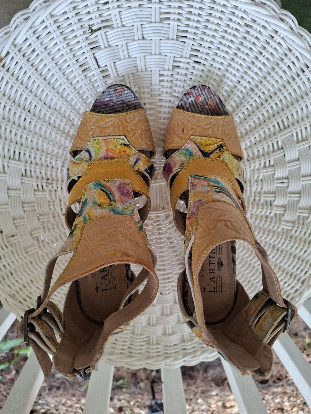L'Artiste Hand Painted Hand Tooled Leather Heeled Sandals 